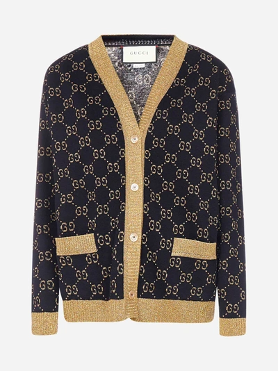 Shop Gucci Gg-logo Lame' Cotton Jacquard Knit Cardigan