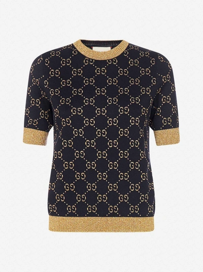 Shop Gucci Gg-logo Lame' Cotton Jacquard Knit Sweater