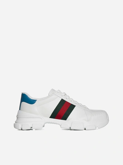 Shop Gucci Nathane Web-detail Leather Sneakers In White - Light Blue