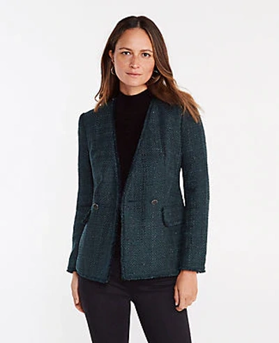 Shop Ann Taylor Fringe Tweed Collarless Jacket In Pine Needle Green
