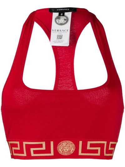 Shop Versace Halter Neck Medusa Logo Bra In Red