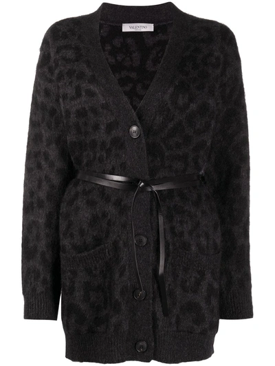 Shop Valentino Leopard Pattern Belted V-neck Cardigan In Grey