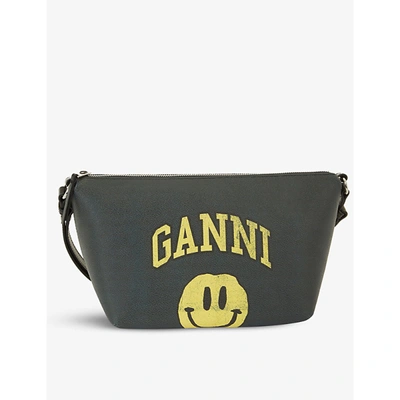 Shop Ganni Branded Leather Shoulder Bag In Phantom