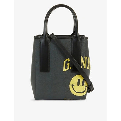 Shop Ganni Branded Leather Tote Bag In Phantom