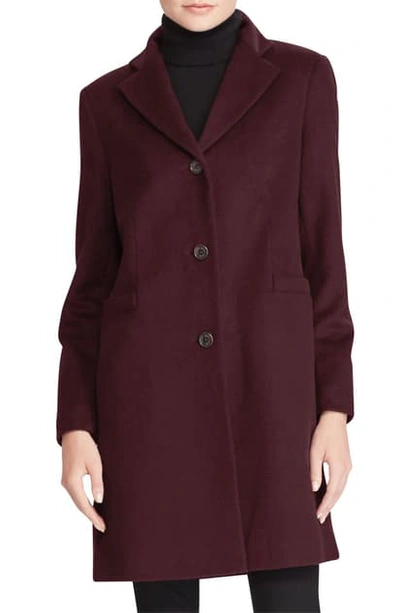 Shop Lauren Ralph Lauren Wool Blend Reefer Coat In Burgundy2