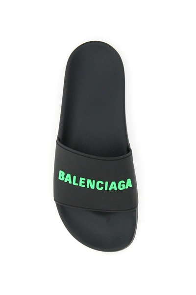 Shop Balenciaga Pool Slide Rubber Mules In Black Fluo Green
