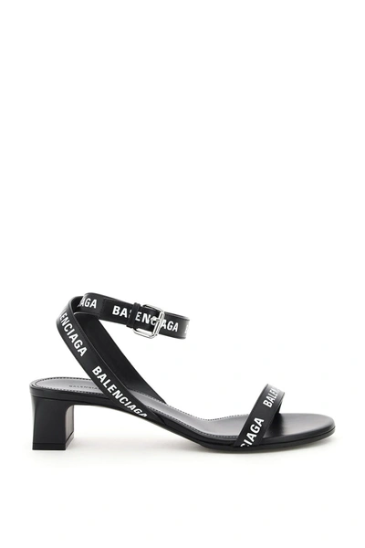 Shop Balenciaga Round Leather Sandals All Over Logo In Black