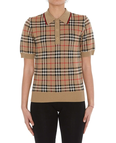 Shop Burberry Check Motif Wool Polo In Beige