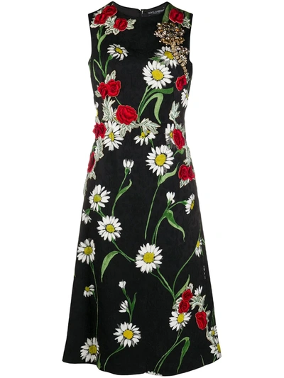 Pre-owned Dolce & Gabbana Floral Embroidery Flared Dress In Black