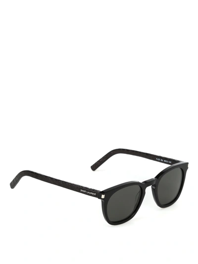 Shop Saint Laurent Croco Print Leather Temple Sunglasses In Black