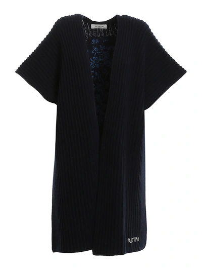 Shop Valentino Floral Embroidery Cashmere Blend Poncho In Dark Blue