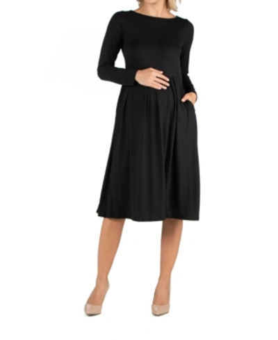 Shop 24seven Comfort Apparel Midi Length Fit And Flare Pocket Maternity Dress In Black