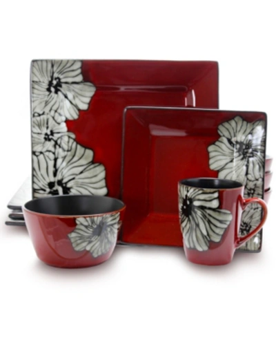 Elama Winter Bloom 16 Piece Square Stoneware Dinnerware Set In Red
