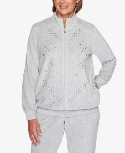 Shop Alfred Dunner Women's Plus Size Modern Living Velour Grommet Jacket In Heather Gray