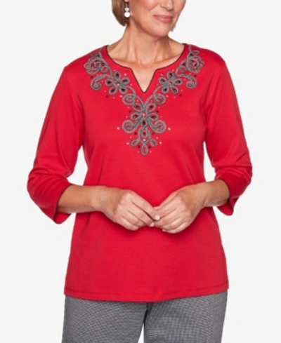 Shop Alfred Dunner Women's Plus Size Knightsbridge Station Houndstooth Soutache Yoke Top In Red