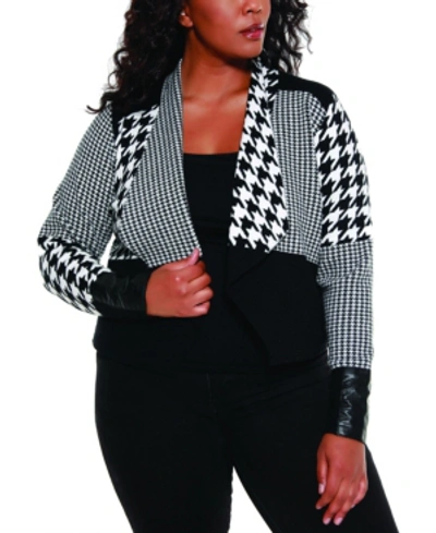 Shop Belldini Black Label Women's Plus Size Multi Houndstooth Cropped Sweater Blazer In Black Combo