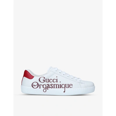 Shop Gucci Orgasmique Slogan-print Leather Trainers In White