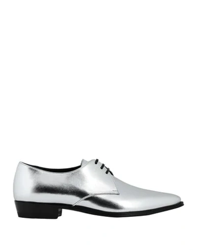 Shop Celine Woman Lace-up Shoes Silver Size 10 Soft Leather