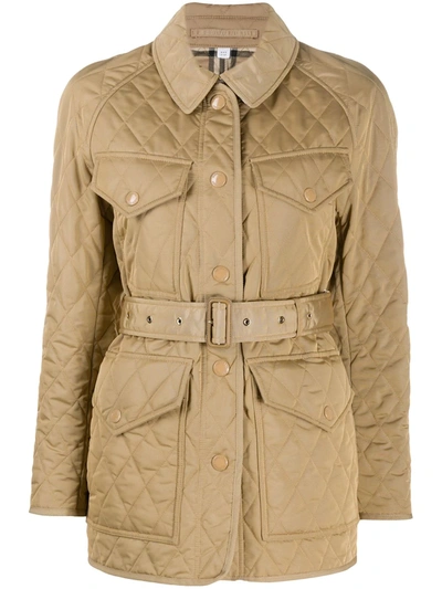 Shop Burberry Quilted Belted Jacket In Neutrals