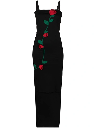 Shop Dolce & Gabbana Rose-appliqué Fitted Midi Dress In Black