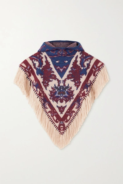 Shop Paco Rabanne Hooded Fringed Intarsia Alpaca, Cotton And Wool-blend Poncho In Purple