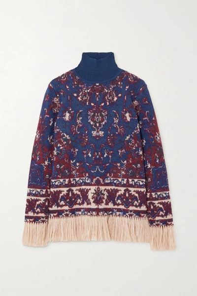 Shop Paco Rabanne Fringed Intarsia Alpaca, Cotton And Wool-blend Turtleneck Sweater In Purple