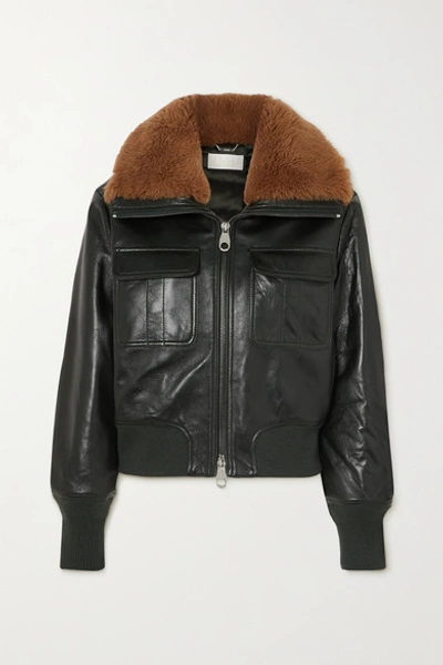 Shop Chloé Shearling-trimmed Leather Jacket In Dark Green