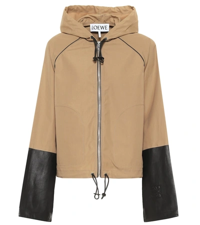 Shop Loewe Hooded Leather-trimmed Cotton Jacket In Beige