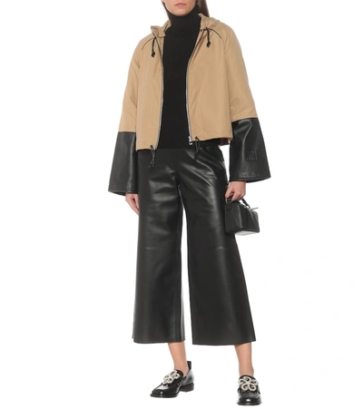 Shop Loewe Hooded Leather-trimmed Cotton Jacket In Beige