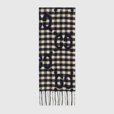 Shop Gucci Gg Jacquard Wool Scarf In Dark Blue And Ivory