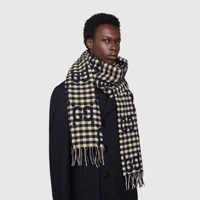 Shop Gucci Gg Jacquard Wool Scarf In Dark Blue And Ivory