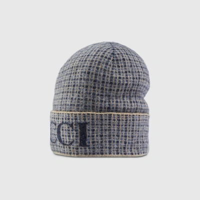 Shop Gucci Wool Check Hat With  In Dark Blue And Blue