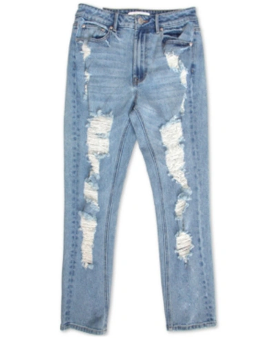 Shop Almost Famous Juniors' Destructed High-rise Mom Jeans In Medium Wash