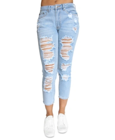 Shop Almost Famous Juniors' Destructed High-rise Mom Jeans In Light Wash