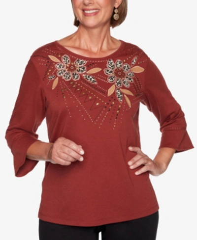 Shop Alfred Dunner Petite Catwalk Animal-print Floral Top In Terracotta