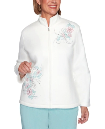 Shop Alfred Dunner Petite St. Moritz Floral Embroidery Polar Fleece Jacket In Ivory