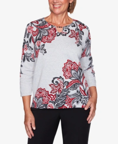 Shop Alfred Dunner Petite Knightsbridge Station Cotton Printed Sweater In Black/white Multi