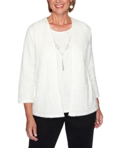 Shop Alfred Dunner Petite Glacier Lake Sequined Two-for-one Necklace Sweater In Ivory