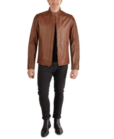 Shop Cole Haan Men's Washed Leather Moto Jacket In Cognac