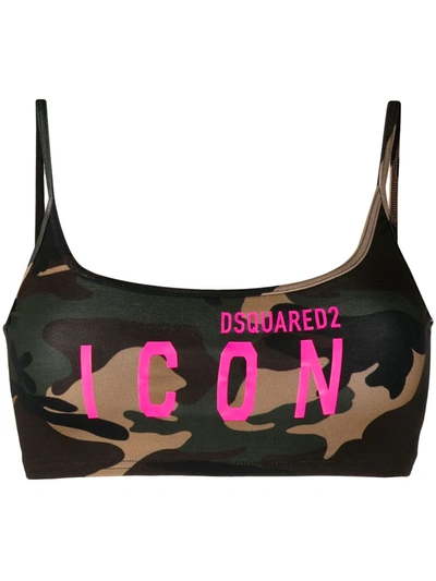 Shop Dsquared2 Camouflage Logo Print Sports Bra In Green
