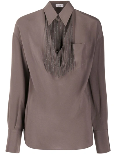 Shop Brunello Cucinelli Fringed Collar Detail Blouse In Brown