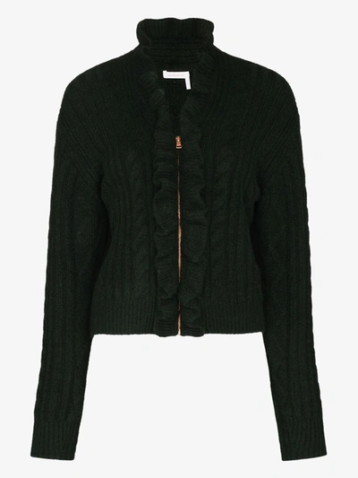 Shop See By Chloé Green Frill Zip-up Knit Cardigan