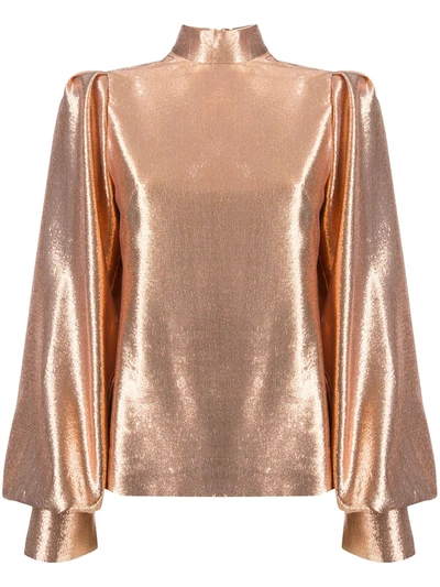 Shop Galvan Metallic Bishop-sleeve Silk Blouse In Gold