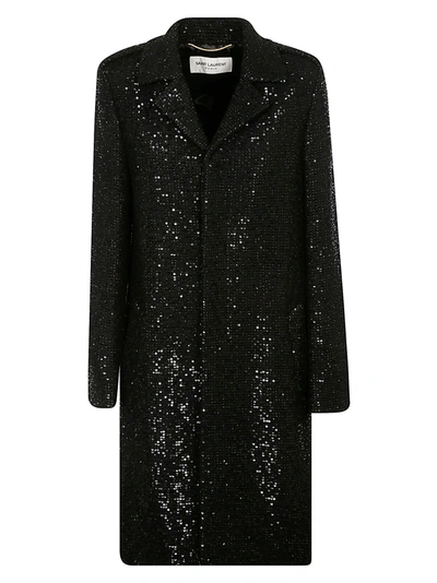 Shop Saint Laurent All-over Bead Embellished Coat In Brilliant Black