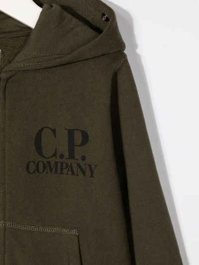 Shop C.p. Company Logo Print Zipped Hoodie In Green