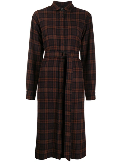 Shop Kenzo Checked Belted Long-sleeve Dress In Brown