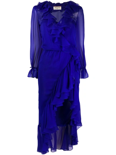 Shop Saint Laurent Ruffle-detail Asymmetric Dress In Blue