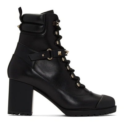 Shop Valentino Black  Garavani Rockstud Heeled Combat Boots In 0no Black
