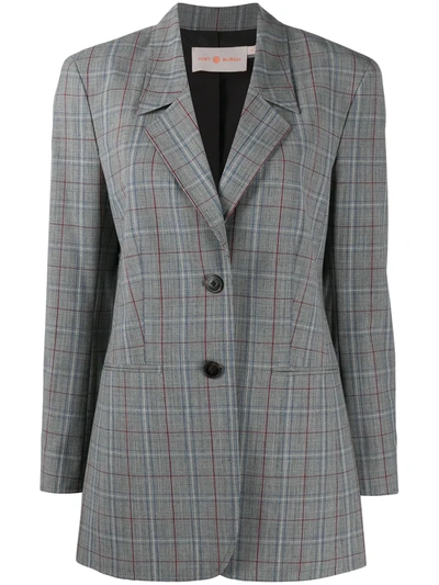 Shop Tory Burch Plaid Wool-blend Blazer In Grey
