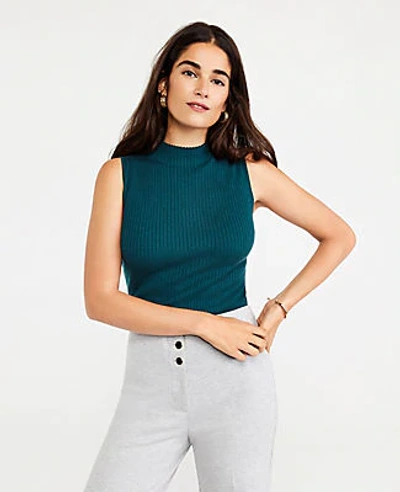 Shop Ann Taylor Ribbed Mock Neck Sweater Shell Top In Deep Emerald Teal